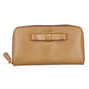 PRADA Saffiano Leather Bow Wallet Beige Nude Zip Around Authentic